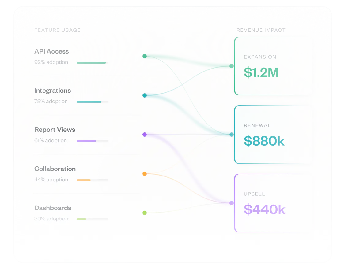 Flow diagram connecting feature usage — API access, integrations, report views — to expansion, renewal, and upsell revenue